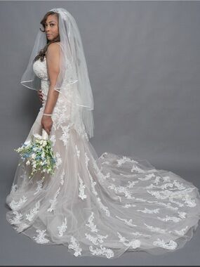 Lace Appliqué Bridal Gown with Chapel Train - White/Cream